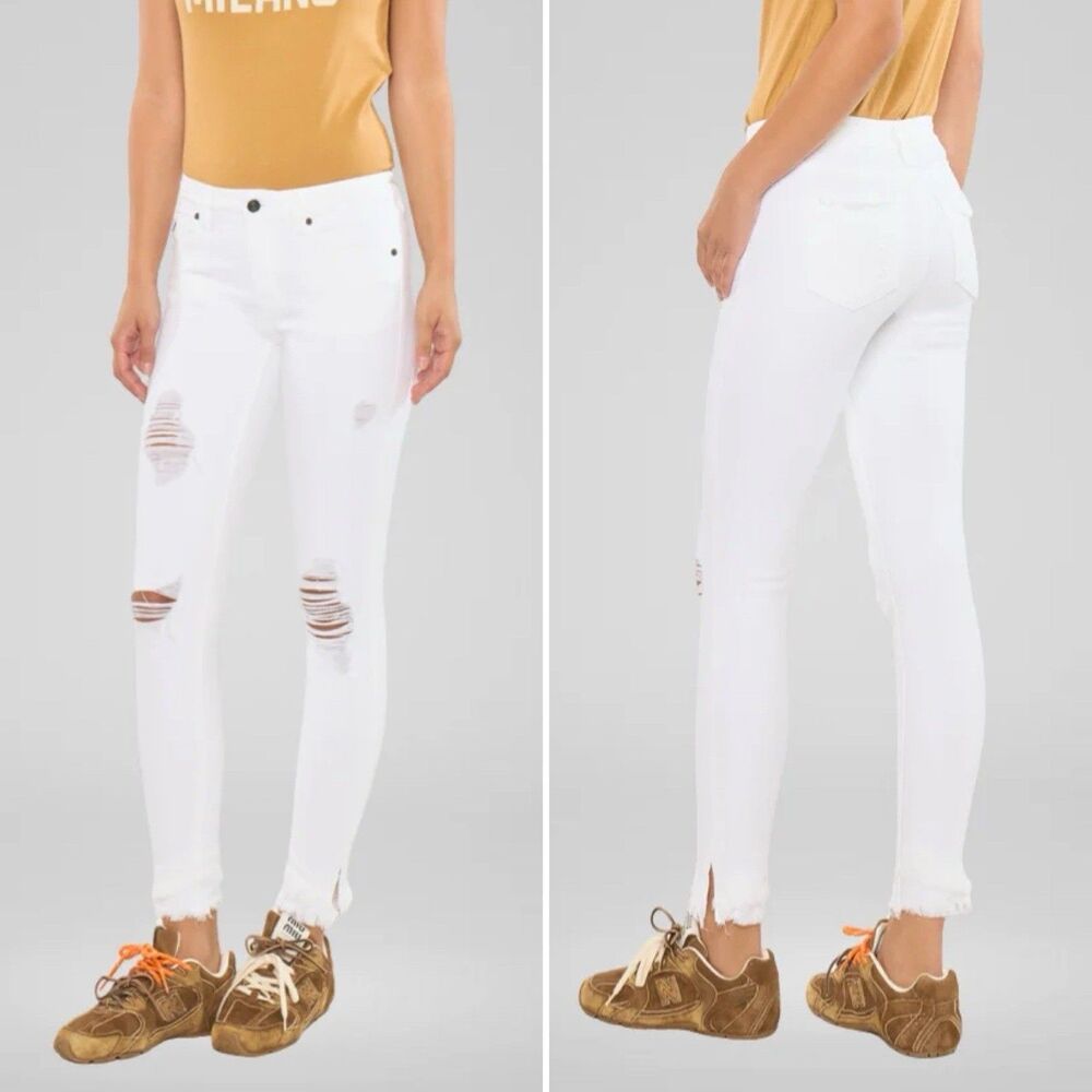 Kancan Lana Mid Rise Ankle Skinny White Distressed Raw Hem Denim Jeans 3/25 NWT